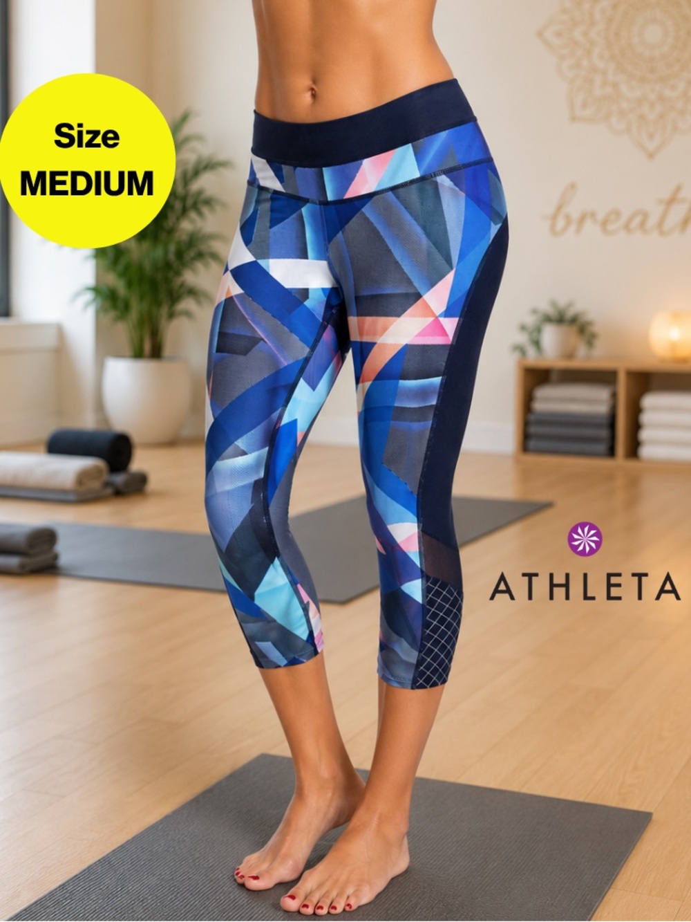ATHLETA 💙 Geometric Athletic Leggings, High Waist, Back Pocket (Women’s Medium)